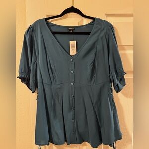 Torrid Chalis Side Tie Short Sleeve Top, Deep Teal